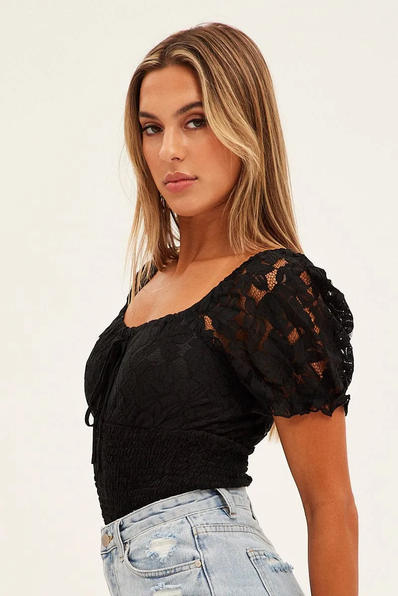Black Lace Bodysuit Short Sleeve Sweetheart Neckline sold by Ally Fashion product image thumbnail 4