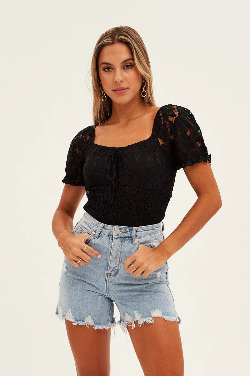 Black Lace Bodysuit Short Sleeve Sweetheart Neckline sold by Ally Fashion