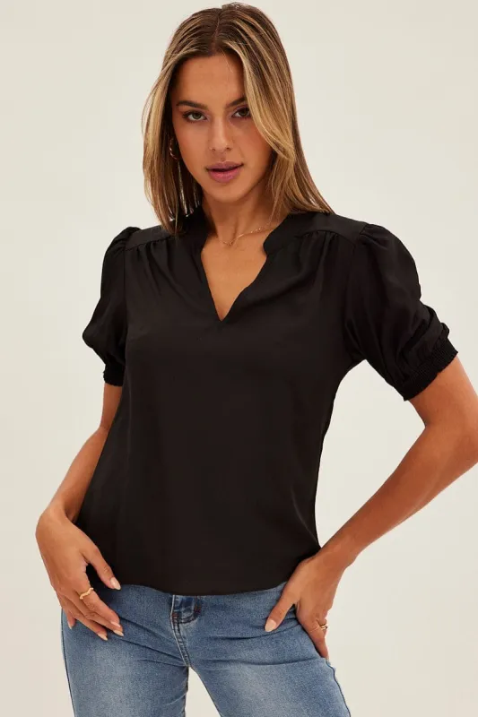 Black Top V Neck Short Sleeve Shirring Cuff sold by Ally Fashion