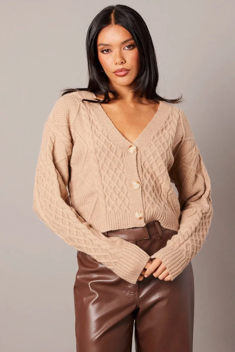 Beige Cable Knit Cardigan Long Sleeve V Neck sold by Ally Fashion product image thumbnail 3