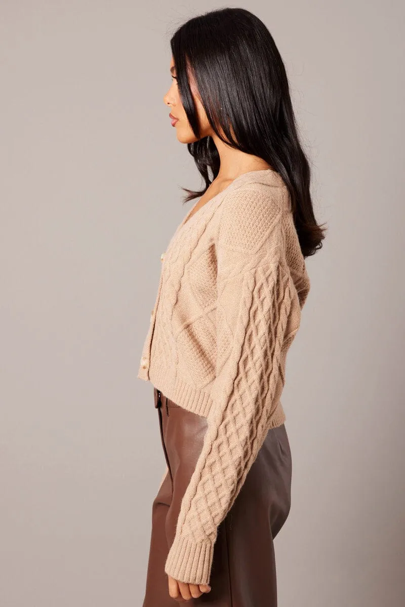 Beige Cable Knit Cardigan Long Sleeve V Neck sold by Ally Fashion product image thumbnail 4