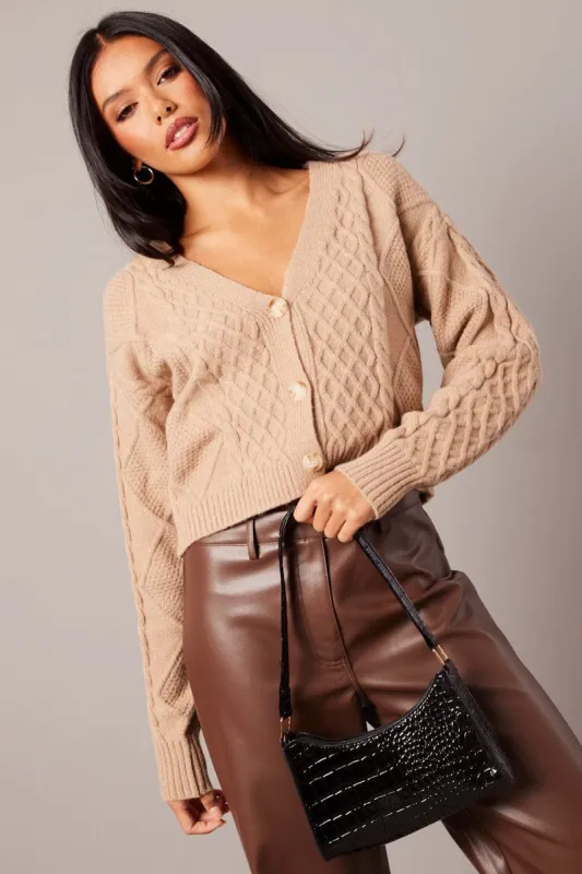 Beige Cable Knit Cardigan Long Sleeve V Neck sold by Ally Fashion