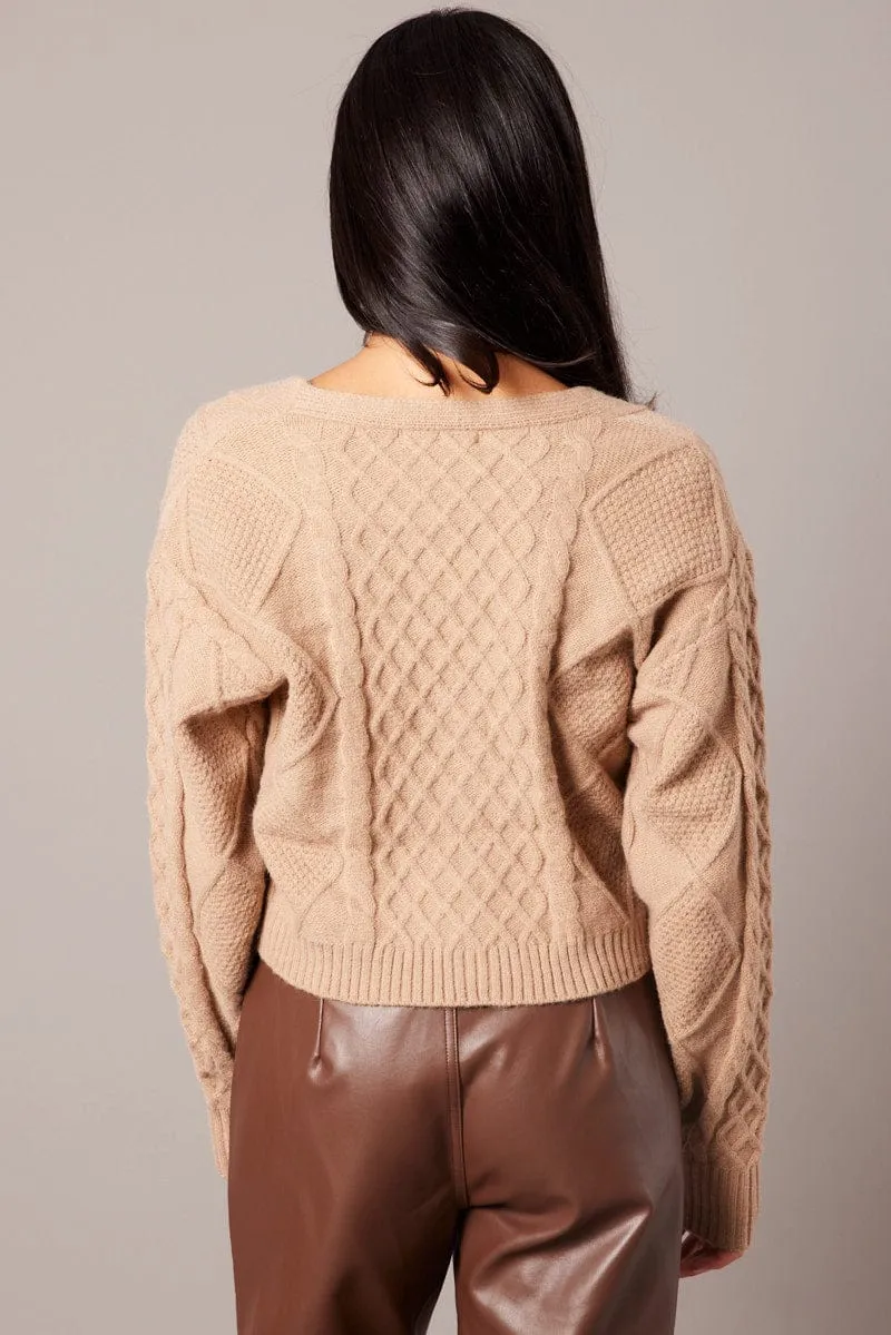 Beige Cable Knit Cardigan Long Sleeve V Neck sold by Ally Fashion product image thumbnail 5