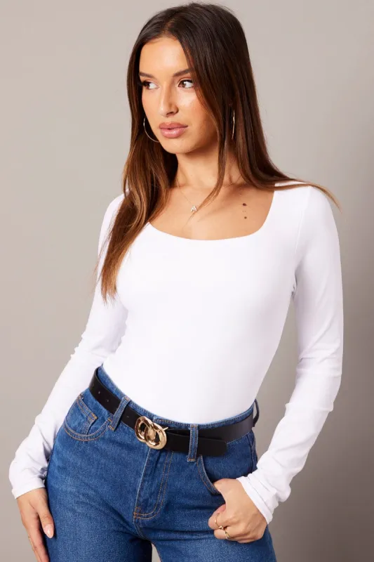 White Bodysuit Long Sleeve Square Neck Seamless sold by Ally Fashion