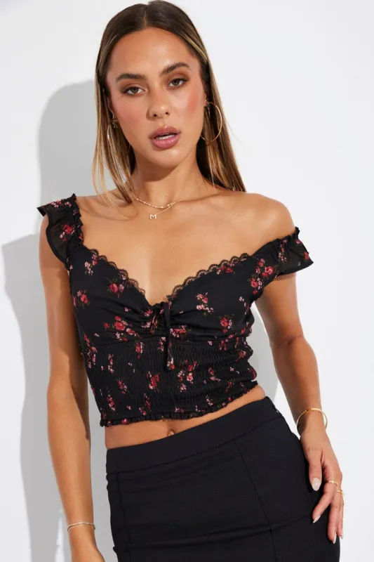 Black Ditsy Smocked Crop Top Sleeveless sold by Ally Fashion