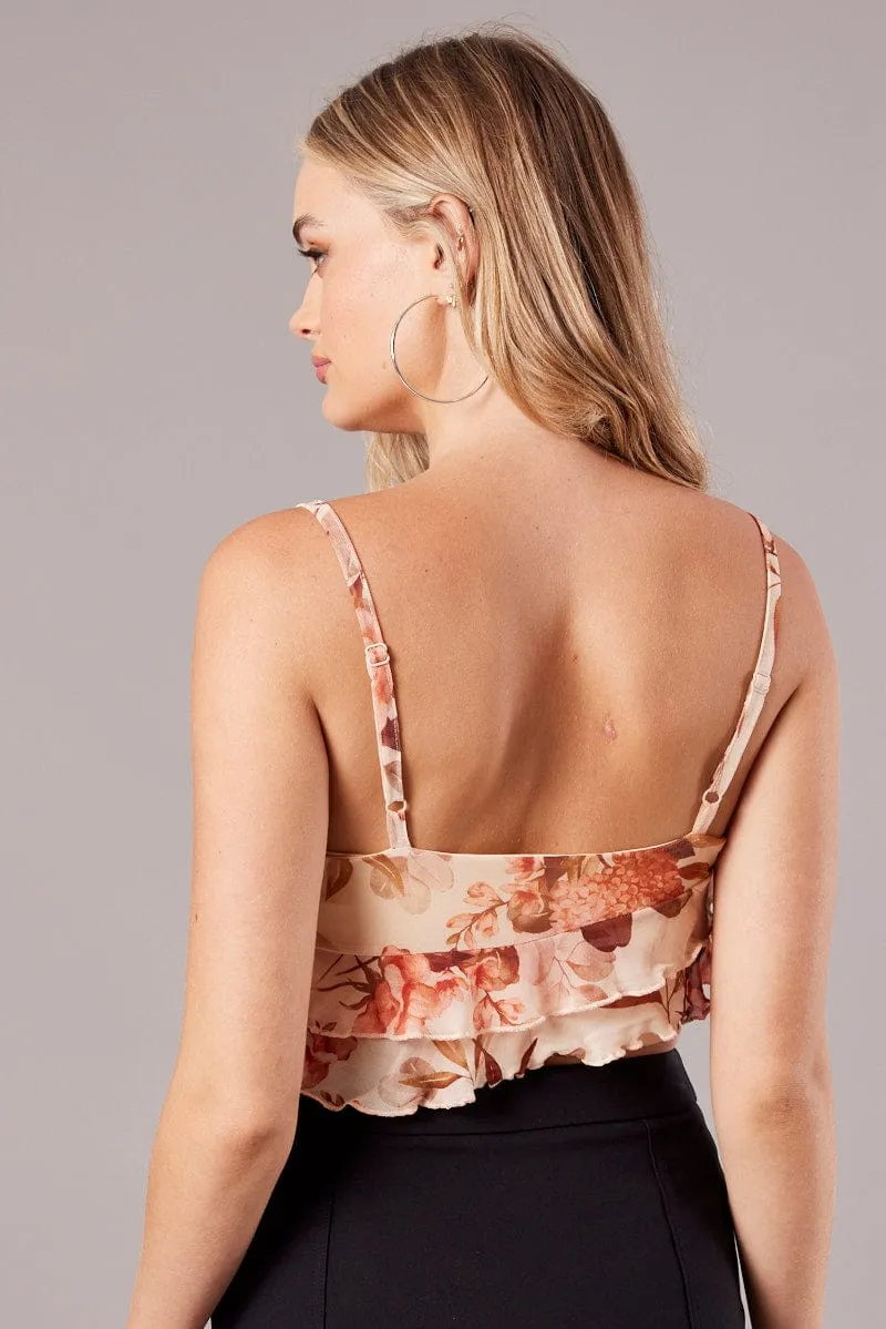 Beige Floral Ruffle Cami Frilly Crop Top sold by Ally Fashion product image thumbnail 5