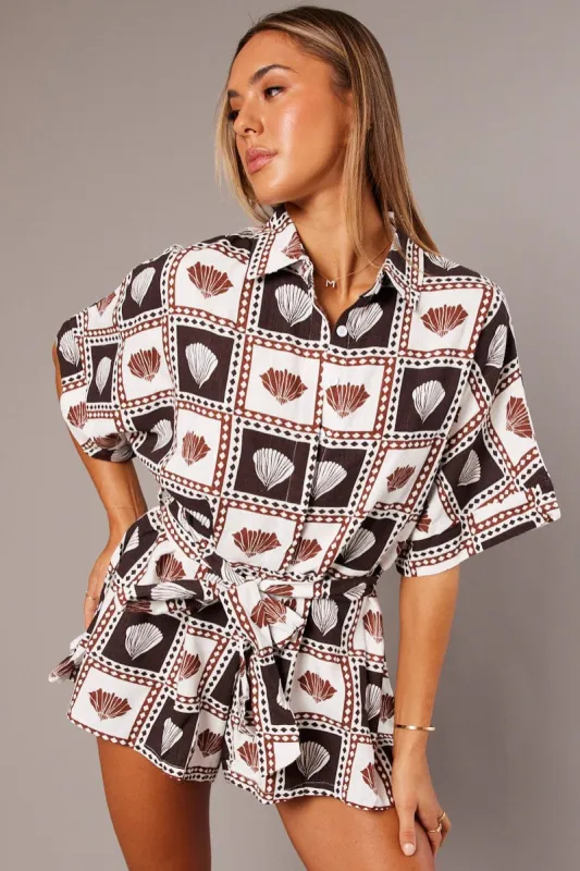 Brown Abstract Oversized Playsuit sold by Ally Fashion