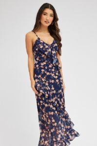 Blue Floral Maxi Dress Sleeveless Ruffle Detailed Chiffon sold by Ally Fashion