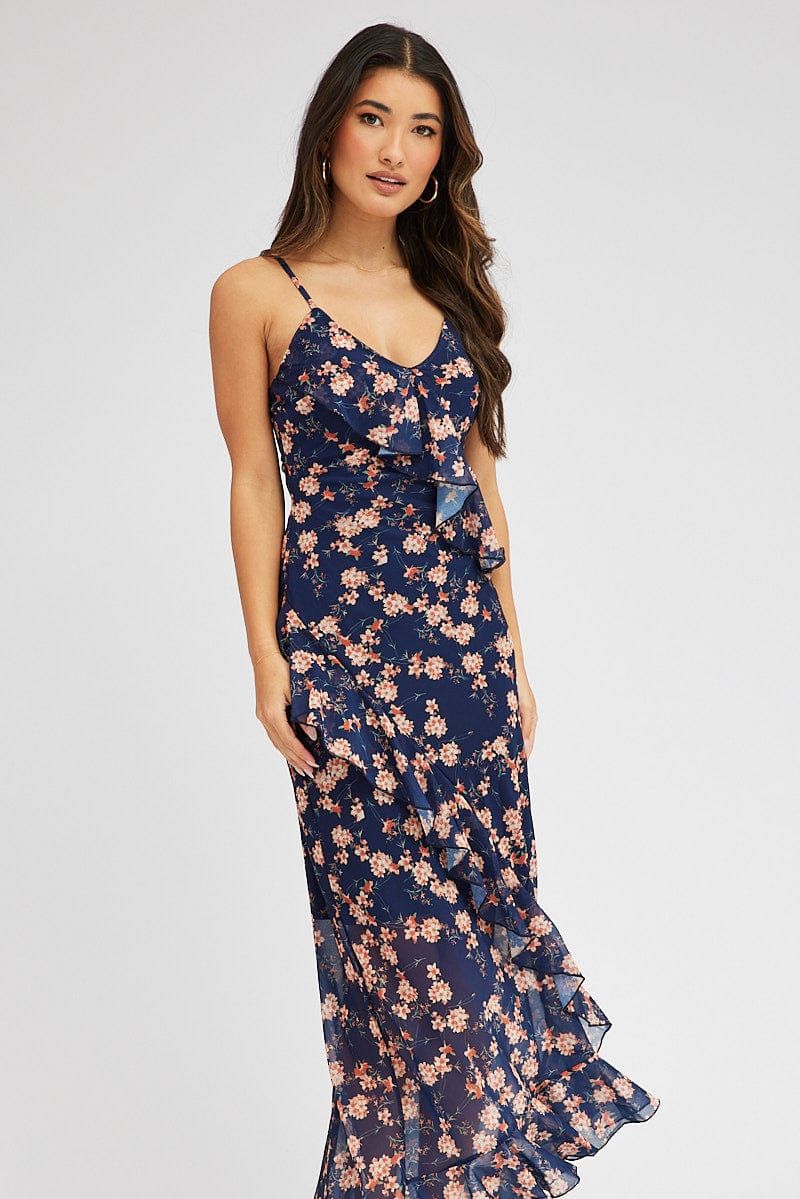 Blue Floral Maxi Dress Sleeveless Ruffle Detailed Chiffon sold by Ally Fashion product image thumbnail 2