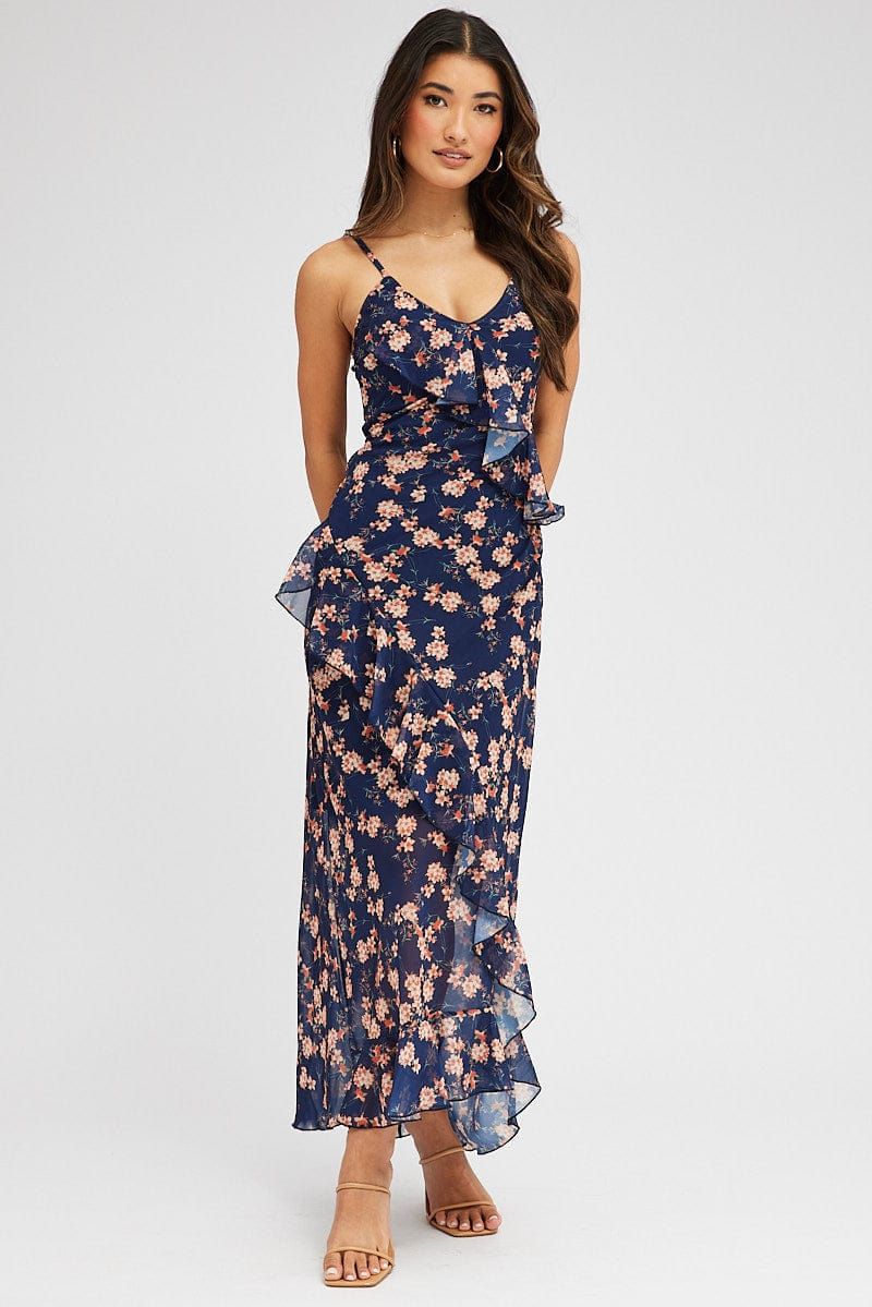 Blue Floral Maxi Dress Sleeveless Ruffle Detailed Chiffon sold by Ally Fashion product image thumbnail 3