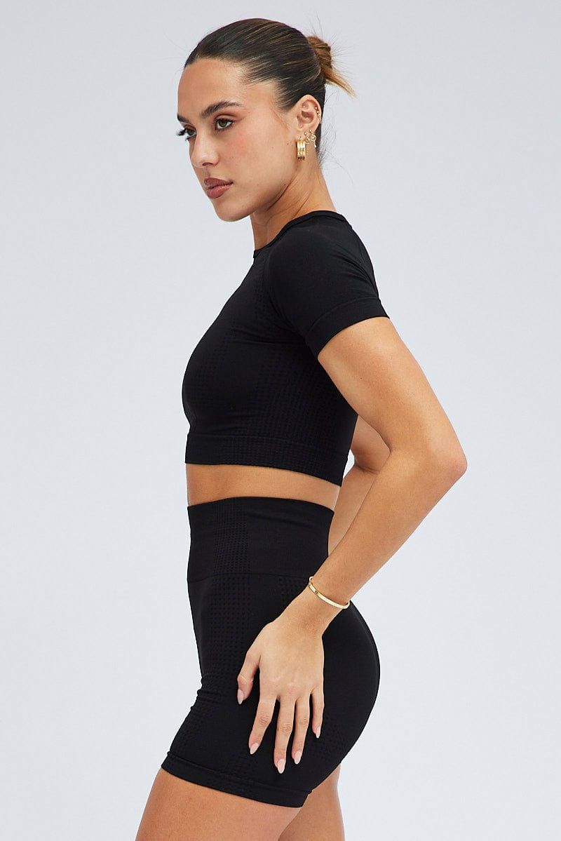 Black Seamless Crop Top And Shorts Activewear Set sold by Ally Fashion product image thumbnail 4