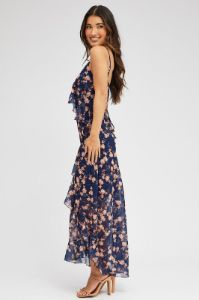 Blue Floral Maxi Dress Sleeveless Ruffle Detailed Chiffon sold by Ally Fashion