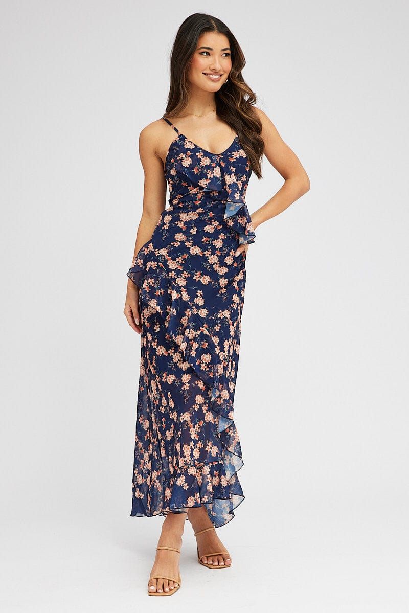 Blue Floral Maxi Dress Sleeveless Ruffle Detailed Chiffon sold by Ally Fashion