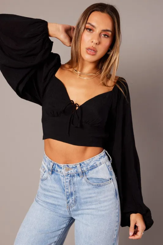 Black Gathered Bust Top Balloon Sleeve Backless Blouse sold by Ally Fashion