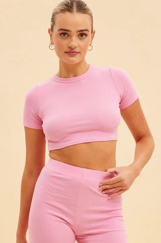 Pink Prea Rib Crew Neck Short Sleeve Crop Baby T-Shirt sold by Ally Fashion