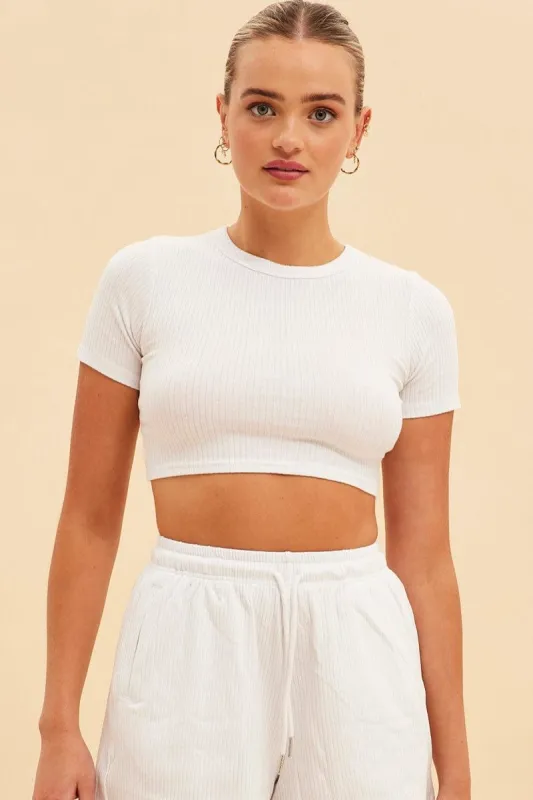 White Prea Rib Crew Neck Short Sleeve Crop Baby T-Shirt sold by Ally Fashion
