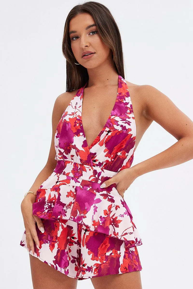 Multi Floral Playsuit Plunging Halter-neck sold by Ally Fashion product image thumbnail 3