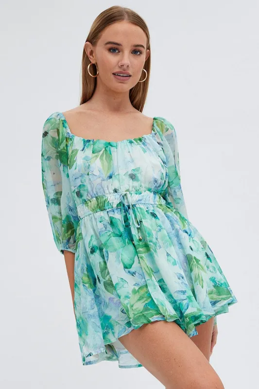 Green Floral Playsuit Short Sleeve Floral Print Chiffon sold by Ally Fashion