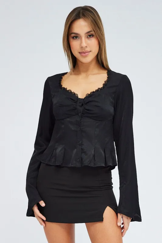 Black Top Long Sleeve Sweetheart Neckline Button Up sold by Ally Fashion
