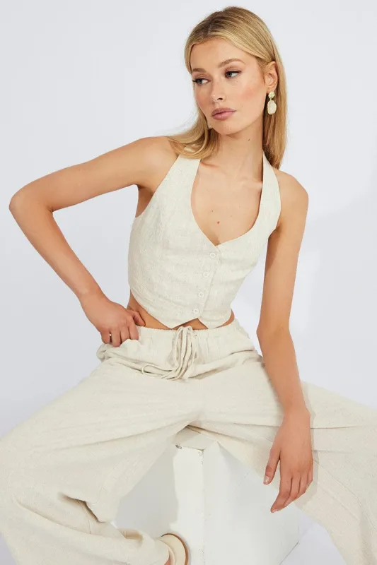 Beige Halter Neck Vest V Neckline Linen sold by Ally Fashion