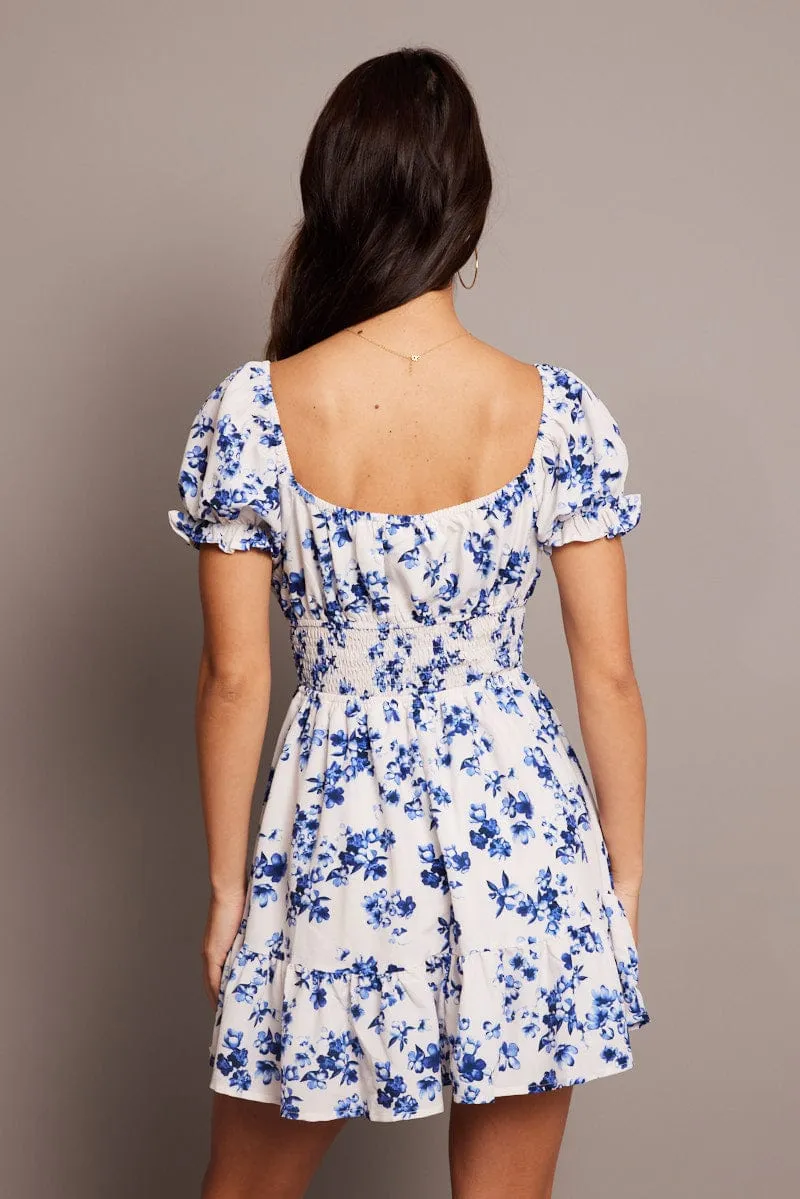 White Floral Fit And Flare Dress Puff Sleeve Mini sold by Ally Fashion product image thumbnail 5