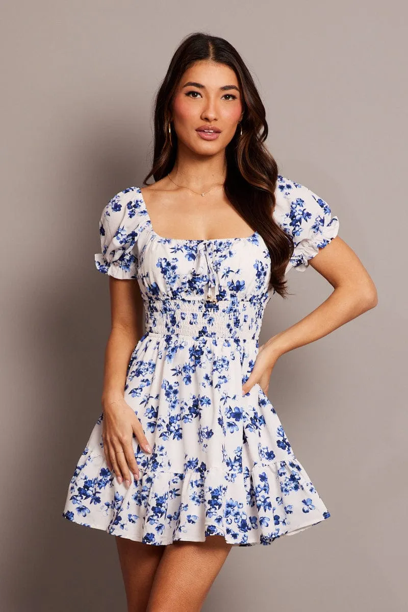 White Floral Fit And Flare Dress Puff Sleeve Mini sold by Ally Fashion product image thumbnail 3
