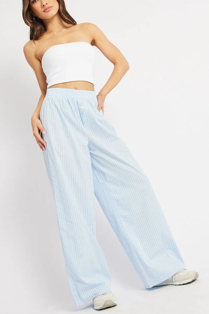 Blue Stripe Wide Leg Pants Elasticated Waist sold by Ally Fashion