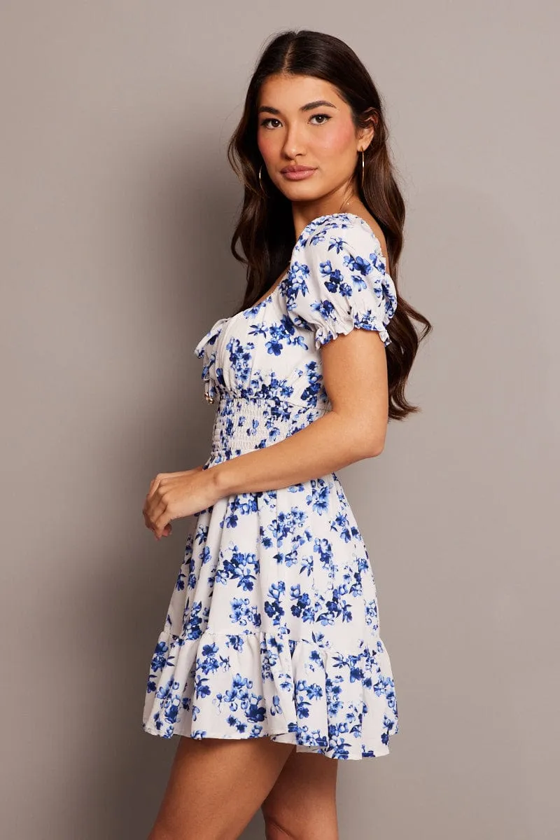 White Floral Fit And Flare Dress Puff Sleeve Mini sold by Ally Fashion product image thumbnail 4