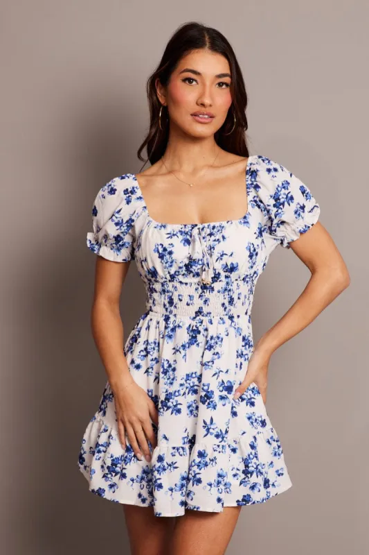 White Floral Fit And Flare Dress Puff Sleeve Mini sold by Ally Fashion