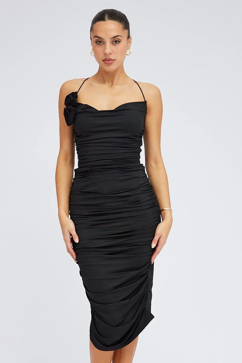 Black Bodycon Midi Dress Rose Strappy Rosette Gathered sold by Ally Fashion product image thumbnail 2