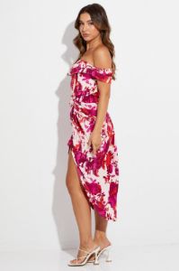 Pink Floral Midi Dress Bardot Sleeve Draped Floral sold by Ally Fashion