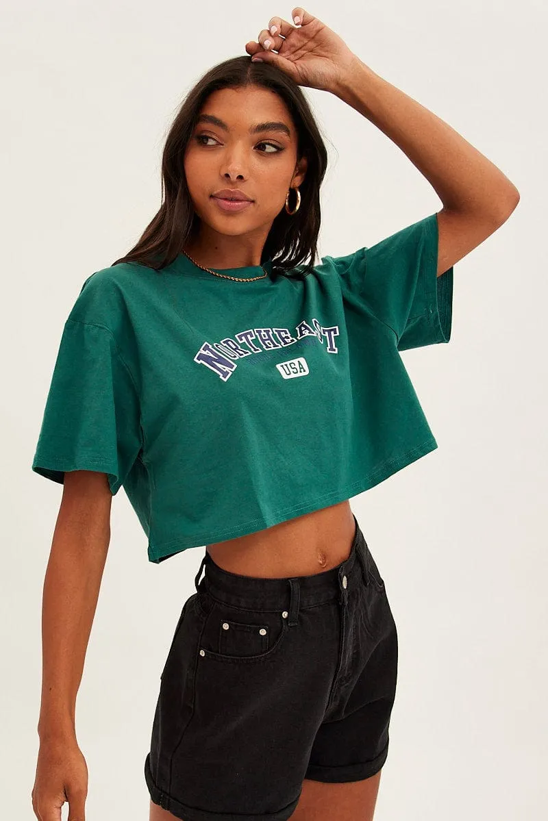 Green Crop T-Shirt Crew Neck Short Sleeve sold by Ally Fashion