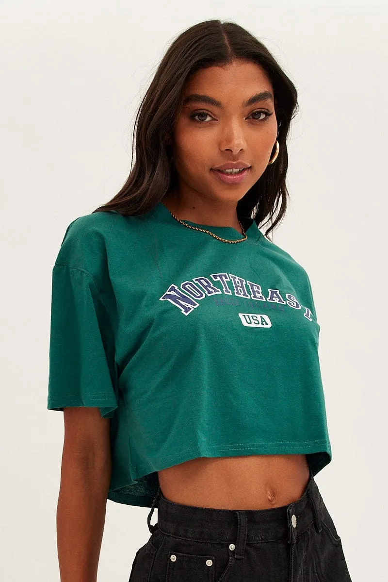 Green Crop T-Shirt Crew Neck Short Sleeve sold by Ally Fashion product image thumbnail 3