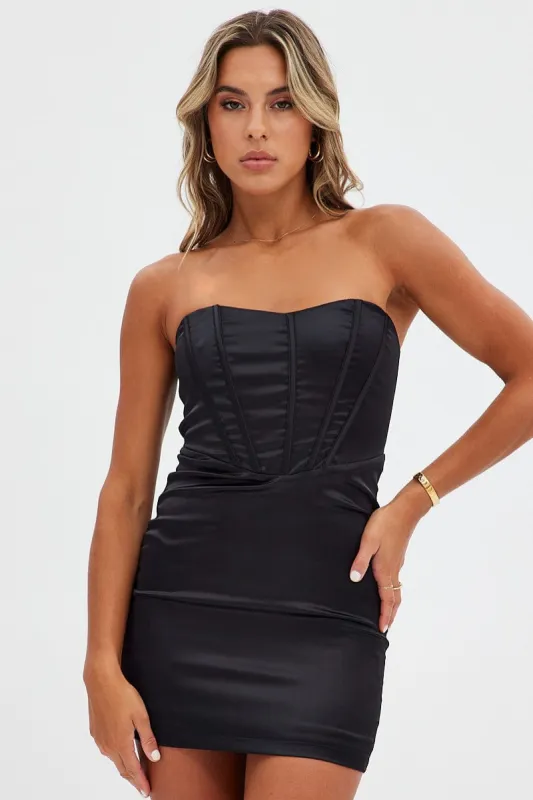 Black Mini Dress Strapless Corset Detail Satin sold by Ally Fashion