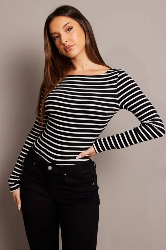 Black Stripe T Shirt Long Sleeve Boat Neck Longline sold by Ally Fashion