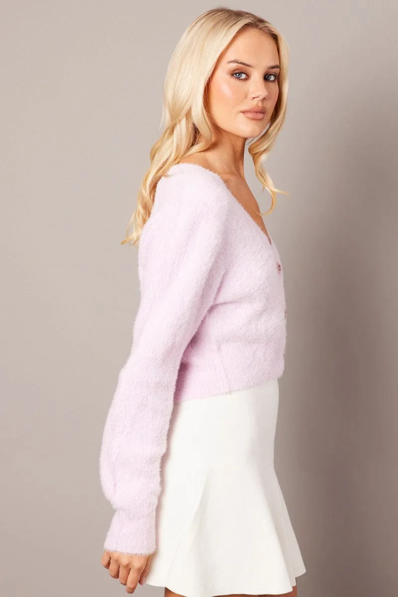 Pink Fluffy Knit Cardigan Long Sleeve V Neck sold by Ally Fashion product image thumbnail 4