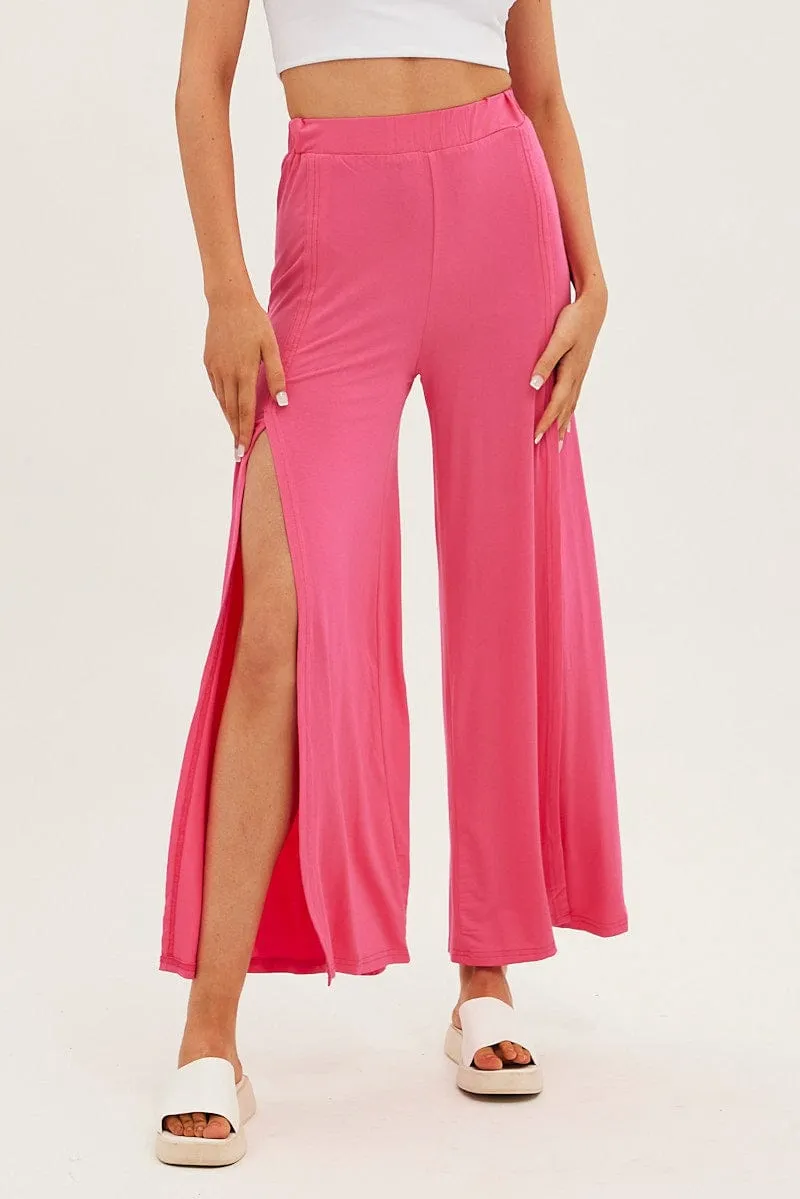 Hot Pink Wide Leg Pants High Rise Front Split sold by Ally Fashion product image thumbnail 2