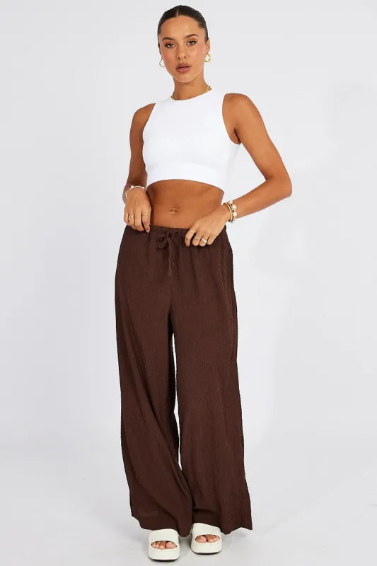 Brown Wide Leg Pants High Rise Textured Fabric sold by Ally Fashion
