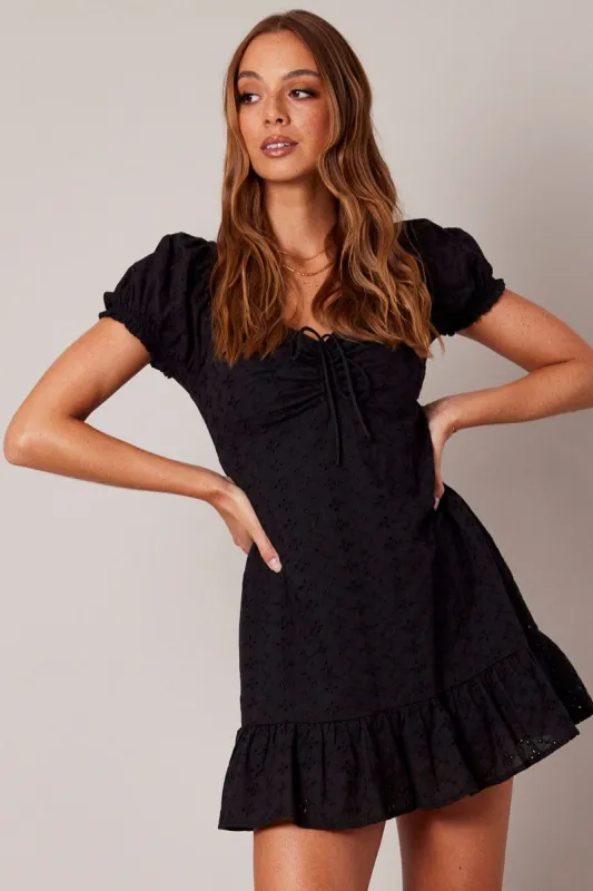 Black Fit And Flare Dress Puff Sleeve Mini sold by Ally Fashion