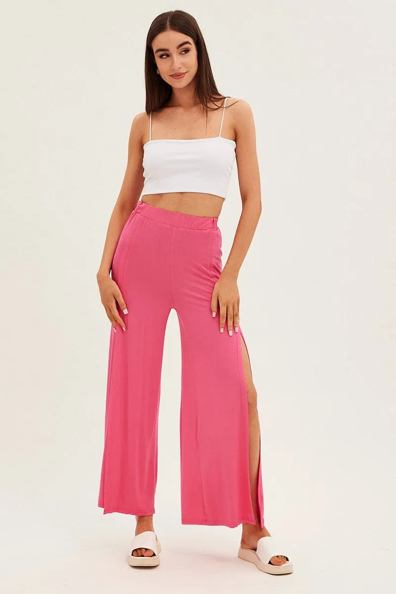 Hot Pink Wide Leg Pants High Rise Front Split sold by Ally Fashion product image thumbnail 3