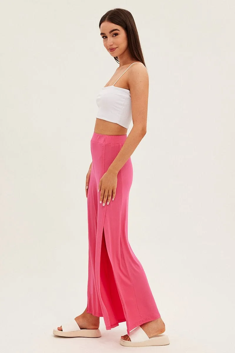 Hot Pink Wide Leg Pants High Rise Front Split sold by Ally Fashion product image thumbnail 4