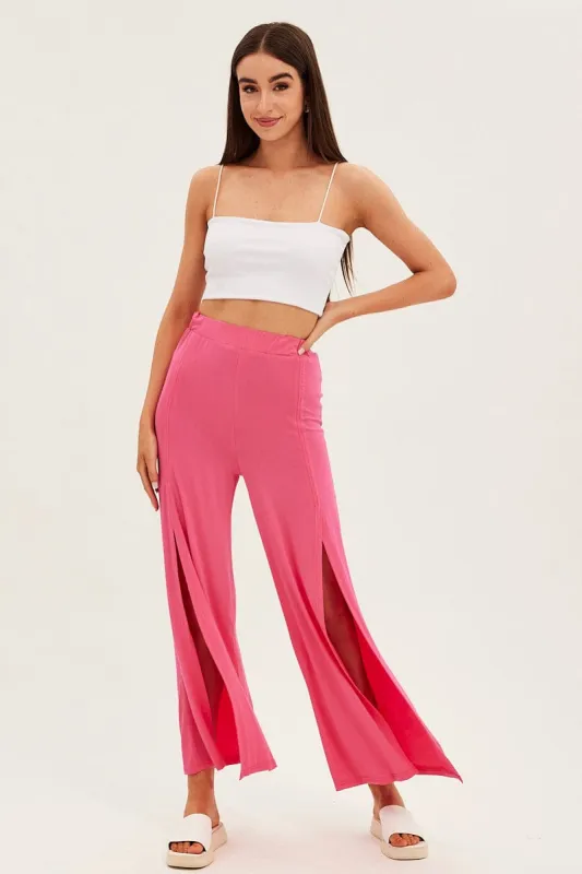 Hot Pink Wide Leg Pants High Rise Front Split sold by Ally Fashion