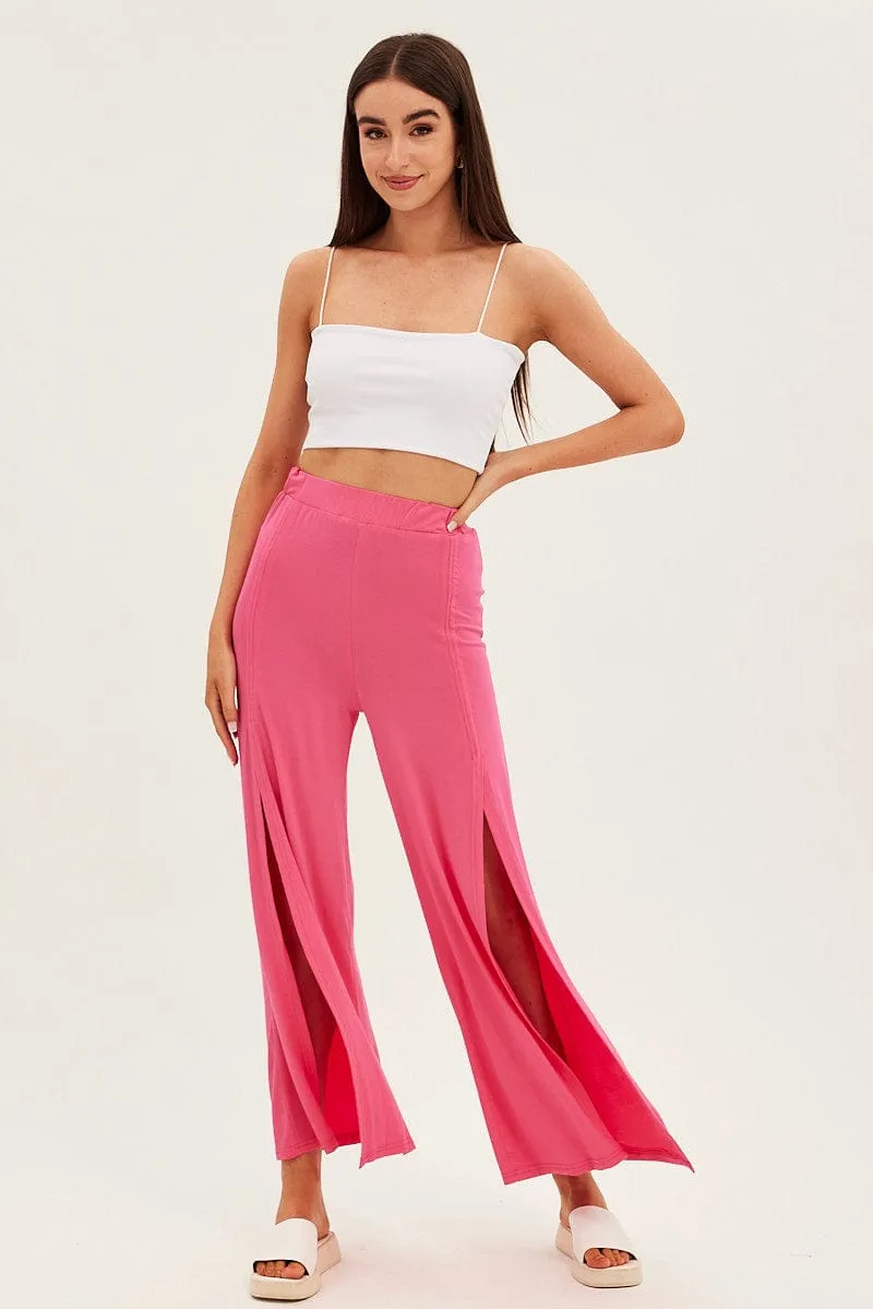 Hot Pink Wide Leg Pants High Rise Front Split sold by Ally Fashion