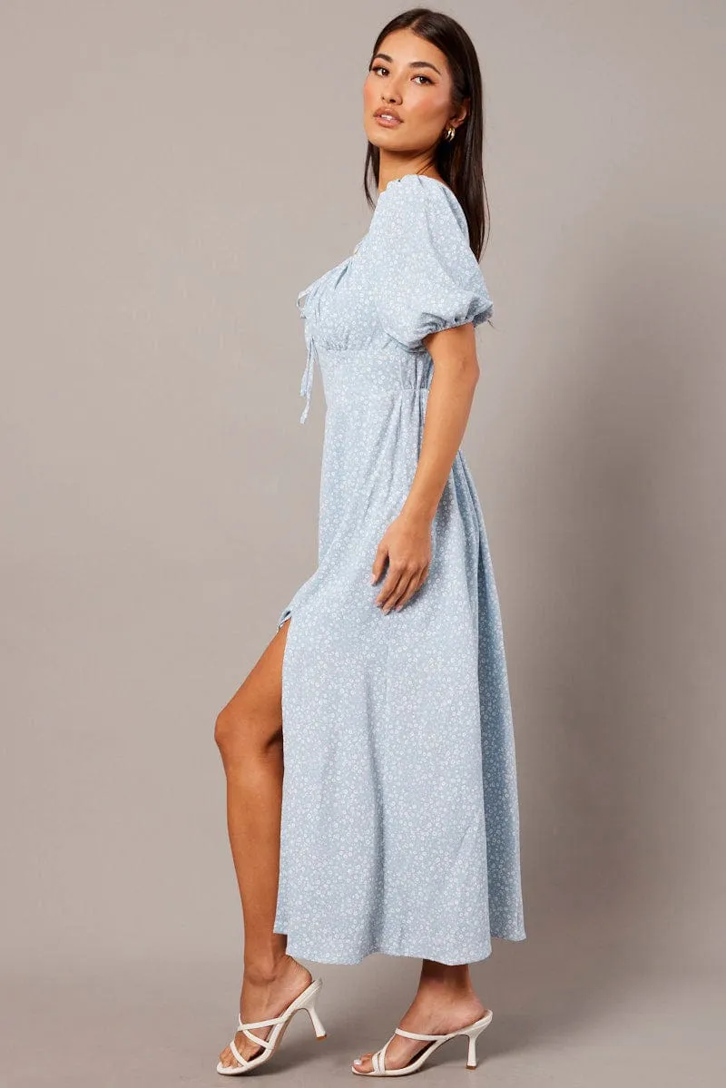 Blue Ditsy Midi Dress Short Sleeve Ruched Bust sold by Ally Fashion product image thumbnail 4