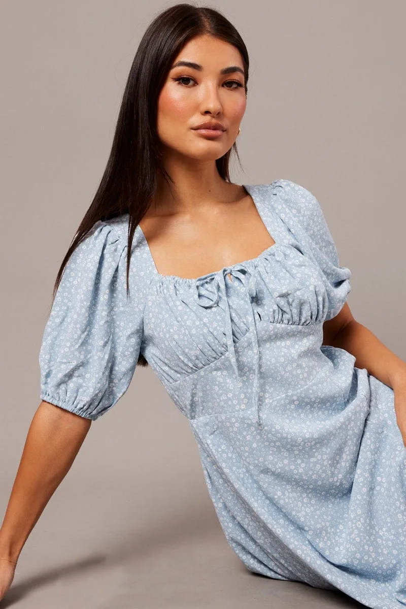 Blue Ditsy Midi Dress Short Sleeve Ruched Bust sold by Ally Fashion product image thumbnail 2