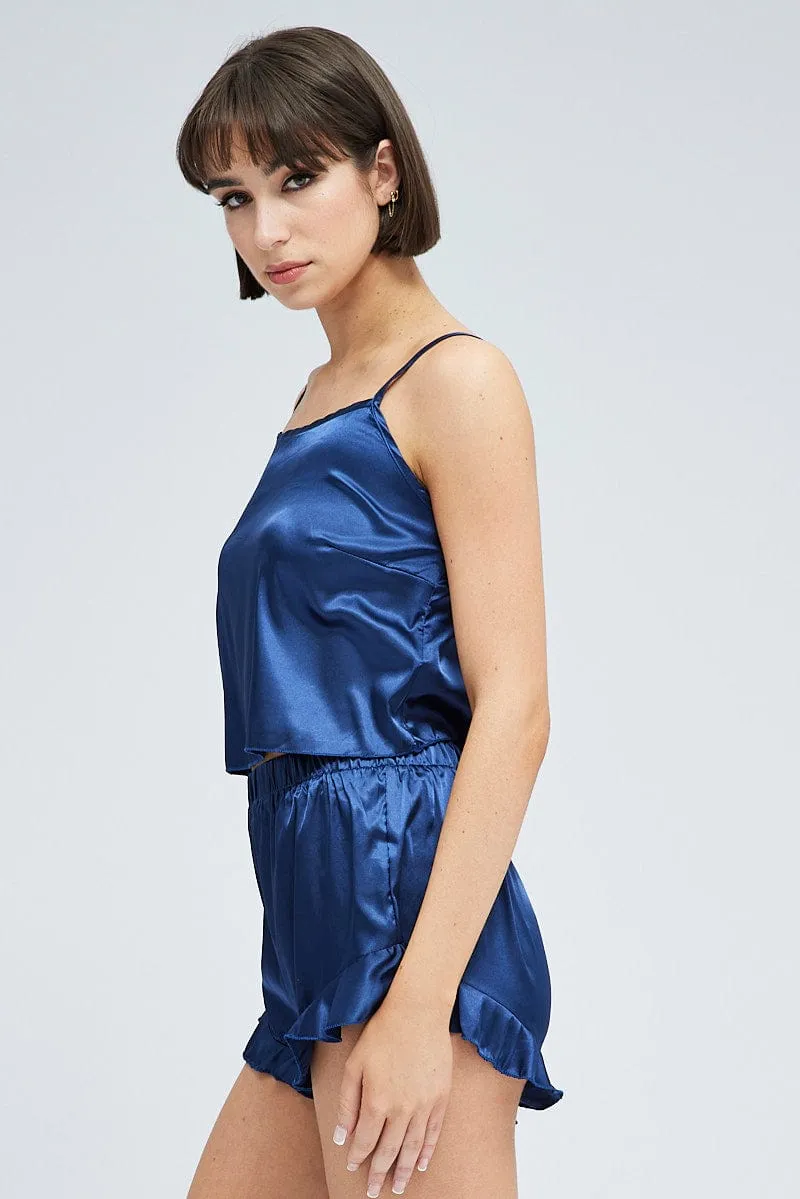 Blue Satin Cami And Ruffle Shorts Pyjama Set sold by Ally Fashion product image thumbnail 4