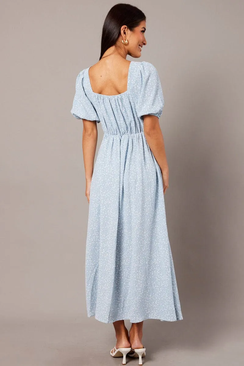 Blue Ditsy Midi Dress Short Sleeve Ruched Bust sold by Ally Fashion product image thumbnail 5