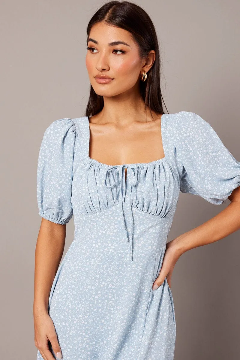 Blue Ditsy Midi Dress Short Sleeve Ruched Bust sold by Ally Fashion product image thumbnail 3