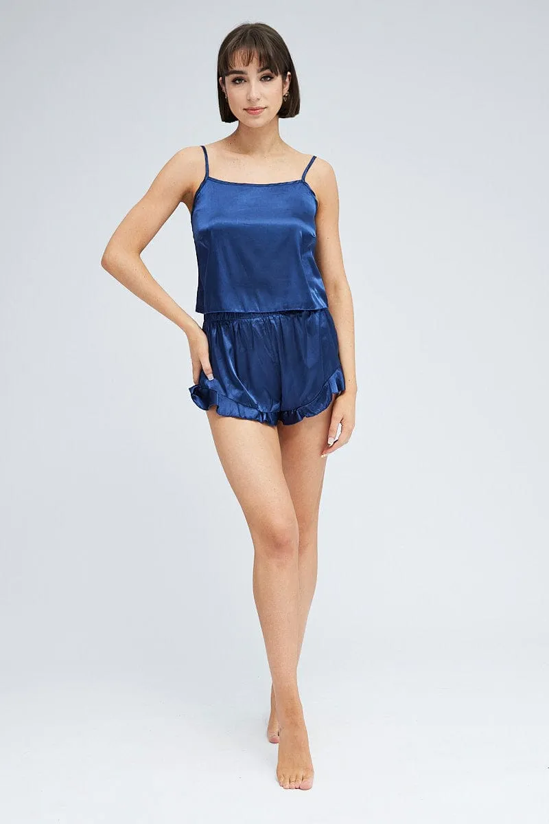 Blue Satin Cami And Ruffle Shorts Pyjama Set sold by Ally Fashion product image thumbnail 2