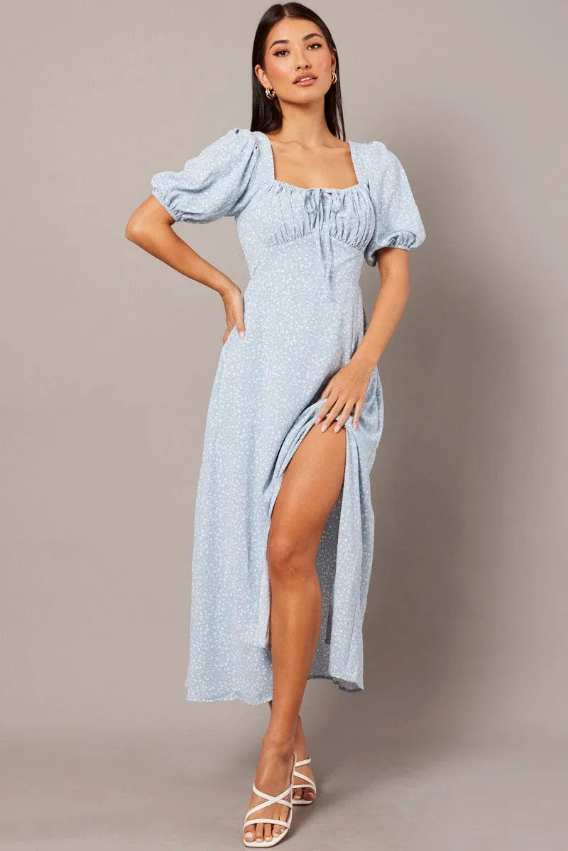 Blue Ditsy Midi Dress Short Sleeve Ruched Bust sold by Ally Fashion